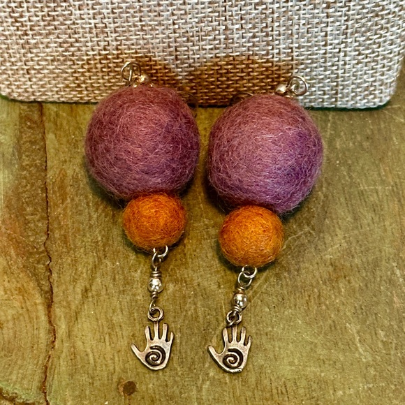 Handmade Purple & Ochre Felt Ball Dangle Earrings with Sterling Hand Charm - Picture 2 of 3